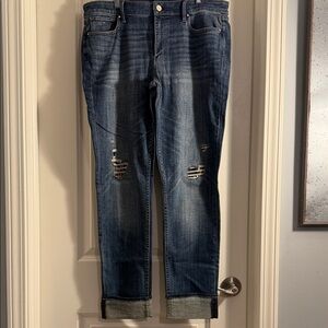 White House Black Market Distressed with Cheetah Print Ankle Jeans - Blue